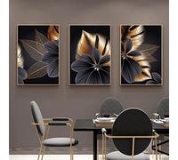 ConBlom Lot de 3 posters en toile de designer - Abstrait - Noir - Feuille d'or - Toile - Impression moderne - Décoration nordique - Art mural - Image de peinture