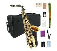 Conboxus Saxophone alto E-Flat laqué doré avec corps en laiton - Comprend étui, embouchure, anches, sangle de cou et plus encore - Idéal pour débutants et débutants (noir)
