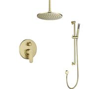 Concealed Ceiling Bathroom Brass Round 8-12 inch Brushed Gold Rainfall Shower Faucet with Slide Set, Shower Set,12 inch