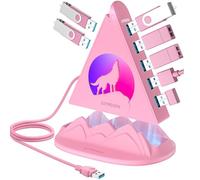 Concentrateur USB 3.0 à 7 ports rose avec veilleuse RVB en forme de loup, câble de 0,6 m de long et base rose, pour ordinateur portable, PC, clé USB, disque dur, console, imprimante, clavier, souris