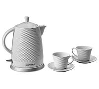 CONCEPT électroménager RK0020 Bouilloire en céramique, 1,5 litre, blanche avec imprimés, design original, lot incluant deux tasses et sous-tasses assorties a la bouilloire, 1500 W