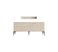 CONCEPT USINE | Buffet Aura 180 cm Effet Travertin | 6 Espaces de Rangement avec Portes + Étagère Murale | Pieds Noirs Design | Style Minéral Chic | Mélaminé Résistant | Facile à Vivre