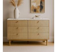 CONCEPT USINE | Buffet Brox 120 cm Aspect Bois Rainuré & Marbre | 6 Tiroirs avec Poignées Dorées | Style Scandinave Contemporain | Rangement Spacieux & Élégant | Pieds Bois | Montage Facile