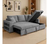 CONCEPT USINE | Canapé d’Angle Réversible 4 Places Glasgow | Convertible avec Coffre + Étagères | Velours Côtelé Ultra Doux | Gris Élégant | Grand Confort | Lit d’Appoint 196x113 cm | Design Moderne