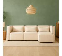 CONCEPT USINE | Canapé Modular 3 Places Beige | avec Pouf Amovible | Tissu Bouclette Doux | Forme Angle ou Droit | Assise Mi-Ferme | Structure Bois Eucalyptus | 248 cm de Longueur