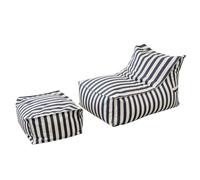 CONCEPT USINE | Ensemble Pouf Fauteuil + Repose-Pieds Rayé Bleu Positano | Style Méditerranéen Chic | Tissu Déperlant Résistant au Soleil | Garnissage Recyclé | 100x65x65cm + 55x65cm | Jardin Piscine