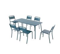 CONCEPT USINE | Ensemble Salon de Jardin 6 Places | Design Métal BERGAME Bleu | Table Repas Rectangle + 6 Chaises Empilables | Structure Robuste Acier + Epoxy | Patio, Terrasse, Balcon