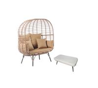 CONCEPT USINE | Fauteuil Oeuf sur Pieds 2 Places en Résine Aspect Rotin + Repose-Pieds| Design Jane Beige | Structure Acier | Grand Coussin Tissu Déperlant | Hamac sur Pied Terrasse Jardin Balcon