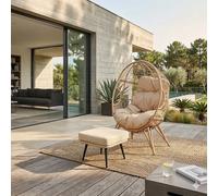 CONCEPT USINE Fauteuil Suspendu Jane Beige avec Repose-Pieds Résine Tressée | Structure acier, grand coussin déperlant anti-UV, terrasse ou jardin