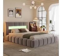 CONCEPT USINE | Lit Coffre 180x200 cm Design Nuage Omaha avec LED | Velours Gris | Tête de Lit Galbée avec 16 Couleurs et Télécommande | Sommier Inclus | Grand Coffre de Rangement | King Size