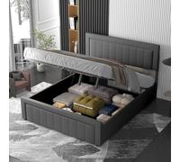 CONCEPT USINE | Lit Coffre Nashville 160x200 cm | Velours Gris | Graphique Contemporain | Tête et Pied de Lit à Lignes Droites | Sommier à Lattes Inclus | Rangement Intégré | Élégant & Fonctionnel