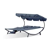 CONCEPT USINE - Lit De Jardin & Transat avec Pare-Soleil Aloha 2 Personnes Gris - 2 Oreillers - Tissu Oxford 100% Polyester - Déplacement Facile 2 Roues, Confortable, Imperméable, Résistant