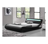 CONCEPT USINE | Lit Double Seattle 140x190 cm avec LED | Design Moderne en Simili Noir | Tête de Lit Lumineuse | Télécommande LED 4 Couleurs Incluse | Structure Plywood Solide et Sommier 2 Places