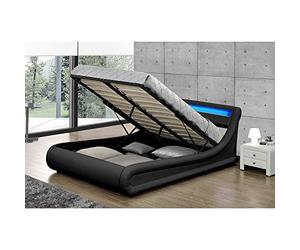 CONCEPT USINE - Lit Portland Double en Simili Noir avec LED & Coffre Rangements Intégrées 140 x 190 cm - Cadre de Lit Design 2 Places avec Sommier 2 Personnes - Tête de Lit avec LED Multi-Couleurs
