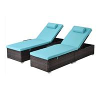 CONCEPT USINE | Lot de 2 Transats en Résine Tressée Punta CANA Marron | Dossier Inclinable + Tablette Latérale | Coussins Bleu Turquoise Déhoussables | Bain de Soleil Confort Jardin & Piscine