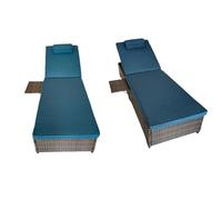 CONCEPT USINE | Lot de 2 Transats en Résine Tressée Punta CANA Marron | Dossier Inclinable + Tablette Latérale | Coussins Bleu Foncé Déhoussables | Bain de Soleil Confort Jardin & Piscine
