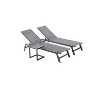 CONCEPT USINE | Lot De 2 Transats Inclinables + Table d'Appoint | Bain De Soleil d'Extérieur | Prato Gris & Noir | 2 roulettes | Aluminium Textilène Dossier Réglable | Jardin Terrasse Plage Piscine