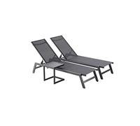 Concept Usine - Lot de 2 bains de soleil PRATO aluminium gris foncé et noir avec table d'appoint