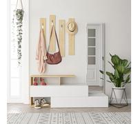 Concept Usine - Meuble d'entrée RAMAR - Bois/Blanc, porte-manteaux intégré, 6 rangements, miroir