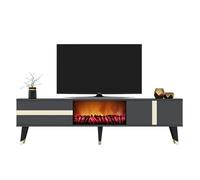 CONCEPT USINE | Meuble TV 150 cm SUNY Gris Anthracite avec Cheminée LED Décorative | Design Graphique avec Finitions Dorées | 2 Placards | Pieds Hauts 20 cm | Ambiance Cosy sans Chauffage