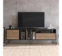 CONCEPT USINE | Meuble TV Industriel Baylee 180 cm | Design Bois Noyer et Noir | 6 Espaces de Rangement | 2 Portes avec Étagères | Structure Mélaminée Robuste | Élégant et Pratique pour Coin Télé