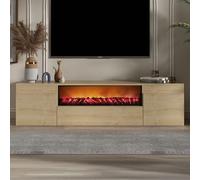 CONCEPT USINE | Meuble TV PYRO 180 cm avec Cheminée LED | Bois Chêne Clair | 3 Placards Fermés | Ambiance Cosy et Moderne | Installation Murale ou au Sol | sans Chaleur | Design Scandinave