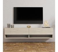 CONCEPT USINE | Meuble TV Suspendu SARTY Travertin 141 cm | 2 Placards Abattants & 2 Niches Ouvertes | Design Minimaliste & Effet Pierre Naturelle | Format Compact | Idéal Salon Moderne & Épuré