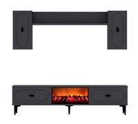 CONCEPT USINE | Meuble TV VIBRA avec Cheminée LED & Module Mural Gris Anthracite et Noir | Ensemble Complet 150 cm | 4 Placards + Étagères | Pose Murale ou Pieds | Design Contemporain sans Chauffage