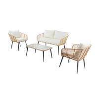 CONCEPT USINE | Salon de Jardin 4 Places | Design SITIA | Effet Rotin Naturel | Canapé 2 Places et 2 Fauteuils avec Coussins Epais | Table Basse avec Plateau Verre Trempé | Confort Optimal