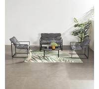 CONCEPT USINE | Salon de Jardin 4 Places Rabat Noir | Canapé + 2 Fauteuils + Table Basse Verre Trempé | Coussins Gris Déperlants 10 cm | Acier Anti-Corrosion | Design Contemporain | Terrasse, Balcon