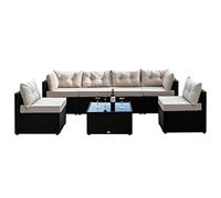 CONCEPT USINE | Salon de Jardin 5 Places Modulable | Design NACULA Noir en Résine Tressée | Table Basse en Verre Trempé | Coussins Beige Confortables | Style Moderne | Résistant, Idéal pour Extérieur