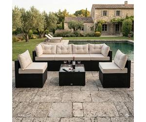 CONCEPT USINE | Salon de Jardin 5 Places Modulable | Design NACULA Noir en Résine Tressée | Table Basse en Verre Trempé | Coussins Beige Confortables | Style Moderne | Résistant, Idéal pour Extérieur