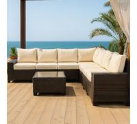 CONCEPT USINE | Salon de Jardin 7 Places Lazaro Résine Marron & Coussins Beige | Canapé d’Angle Modulable + Table Verre | Style Chic & Convivial | Extérieur Terrasse Jardin Patio