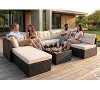 YANUCA - Salon de jardin 8 places en résine tressée noir et beige