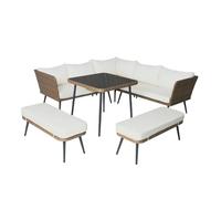 CONCEPT USINE | Salon de Jardin 9 Places Baracoa 2 en Résine Tressée Marron | Ensemble Complet avec Canapés, Angle, Bancs & Table Verre Trempé | Coussins Moelleux Beige | Idéal Terrasse ou Jardin
