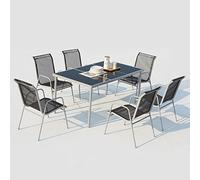 CONCEPT USINE - Salon De Jardin Acier - Ensemble Mobilier d'Extérieur : Table Rectangulaire Plateau en Verre Trempé + 6 Chaises Empilables - Gris Foncé - Design Lusiana - Robuste & Résiste à l'eau