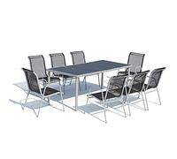 CONCEPT USINE - Salon De Jardin Acier - Ensemble Mobilier d'Extérieur : Table Rectangulaire Plateau en Verre Trempé + 8 Chaises Empilables - Gris Foncé - Design Lusiana - Robuste & Résiste à l'eau