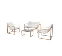 CONCEPT USINE | Salon de Jardin Bas 4 Places Effet Bois | Design Rabat Marron | Ensemble : 1 Canapé + 2 Fauteuils + 1 Table Basse | Acier + Verre Trempé | Robuste & Confortable | 3 Coussins Inclus