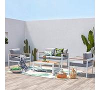 CONCEPT USINE | Salon de Jardin Bas en Aluminium 4 Personnes | Design MARINGO Blanc | Bi-Matière Bois et Alu très Tendance | 1 Table, 1 Canapé et 2 Fauteuils | Ensemble Repas d'Extérieur Cosy