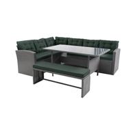 CONCEPT USINE | Salon de Jardin d'angle Résine Tressée 8 Personnes | Moorea Salon Gris Coussin Vert | 1 Table Haute Plateau Verre + 2 Canapés + 1 Banc - Coussins Déhoussables Imperméables | Anti-UV