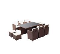 CONCEPT USINE | Salon de Jardin Encastrable 10 Places en Résiné Tréssée | Monaco Marron/Blanc | Table avec Verre 5 mm + 6 Chaises + 4 Poufs | Structure Acier + Epoxy | Robuste, Confortable, Résistant