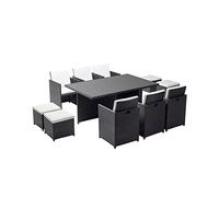 CONCEPT USINE | Salon de Jardin Encastrable 10 Places en Résiné Tréssée | Monaco Noir/Blanc | Table avec Verre 5 mm + 6 Chaises + 4 Poufs | Structure Acier + Epoxy | Robuste, Confortable, Résistant