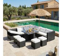 CONCEPT USINE Salon de Jardin Encastrable 10 Places Samoa Résine Noir | Table haute verre trempé, canapé d'angle inclinable avec coffre, 4 poufs escamotables sous la table.