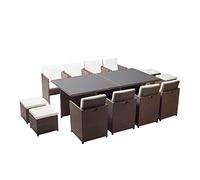 CONCEPT USINE | Salon de Jardin Encastrable 12 Places en Résiné Tréssée | Monaco Marron/Blanc | Table avec Verre 5 mm + 8 Chaises + 4 Poufs | Structure Acier + Epoxy | Robuste, Confortable, Résistant