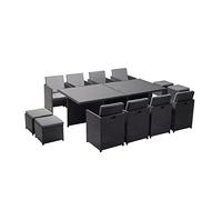 CONCEPT USINE | Salon de Jardin Encastrable 12 Places en Résiné Tréssée | Monaco Noir/Gris | Table avec Verre 5 mm + 8 Chaises + 4 Poufs | Structure Acier + Epoxy | Robuste, Confortable, Résistant