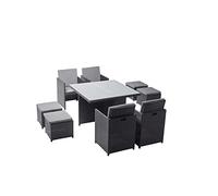 CONCEPT USINE | Salon de Jardin Encastrable 8 Places en Résiné Tréssée | Monaco Noir/Gris | Table avec Verre 5 mm + 4 Chaises + 4 Poufs | Structure Acier + Epoxy | Robuste, Confortable, Résistant
