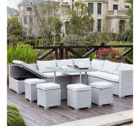 CONCEPT USINE | Salon de Jardin Encastrable en Résine Tressée 10 Personnes | FIDJI Gris | Table Plateau en Verre + 4 Poufs + Grand Canapé avec Assise Inclinable en Bain de Soleil | Coffre de Rangement