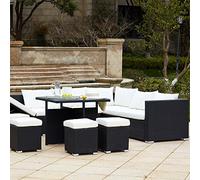 CONCEPT USINE | Salon de Jardin Encastrable Résine Tressée 10 Personnes | FIDJI Noir coussin blanc | Table Plateau Verre + 4 Poufs + Grand Canapé Assise Inclinable Bain de Soleil | Coffre de Rangement