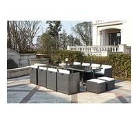 CONCEPT USINE | Salon de Jardin Encastrable Résine Tressée 12 Pers | Miami | Gris Coussins Blanc | Table Plateau de Verre Amovible + 8 Fauteuils + 4 poufs | Coussins Déhoussables | Résiste à l'eau