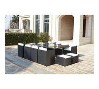 CONCEPT USINE | Salon de Jardin Encastrable Résine Tressée 12 Personnes | Miami Noir Coussins Blanc | Table Plateau de Verre Amovible + 8 Fauteuils + 4 poufs | Coussins Déhoussables | Résiste à l'eau